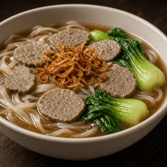 Foto bakso gepeng kuah dengan kwetiau, sawi dan bawang goreng